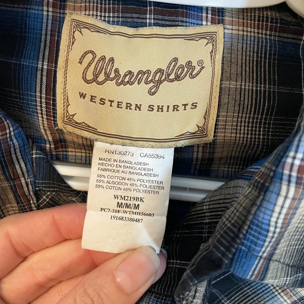 Wrangler Mens Western Pearl Snap Plaid Shirt Blue Tan Black WM219BK Medium - Picture 2 of 6